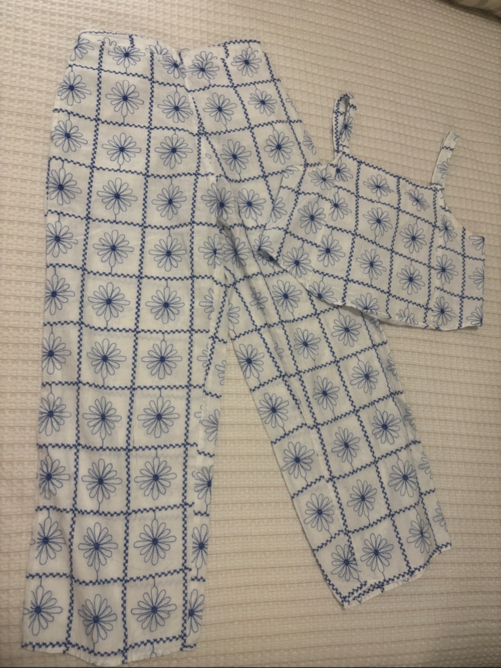 Zara White and Blue Floral Grid Kids Matching Set